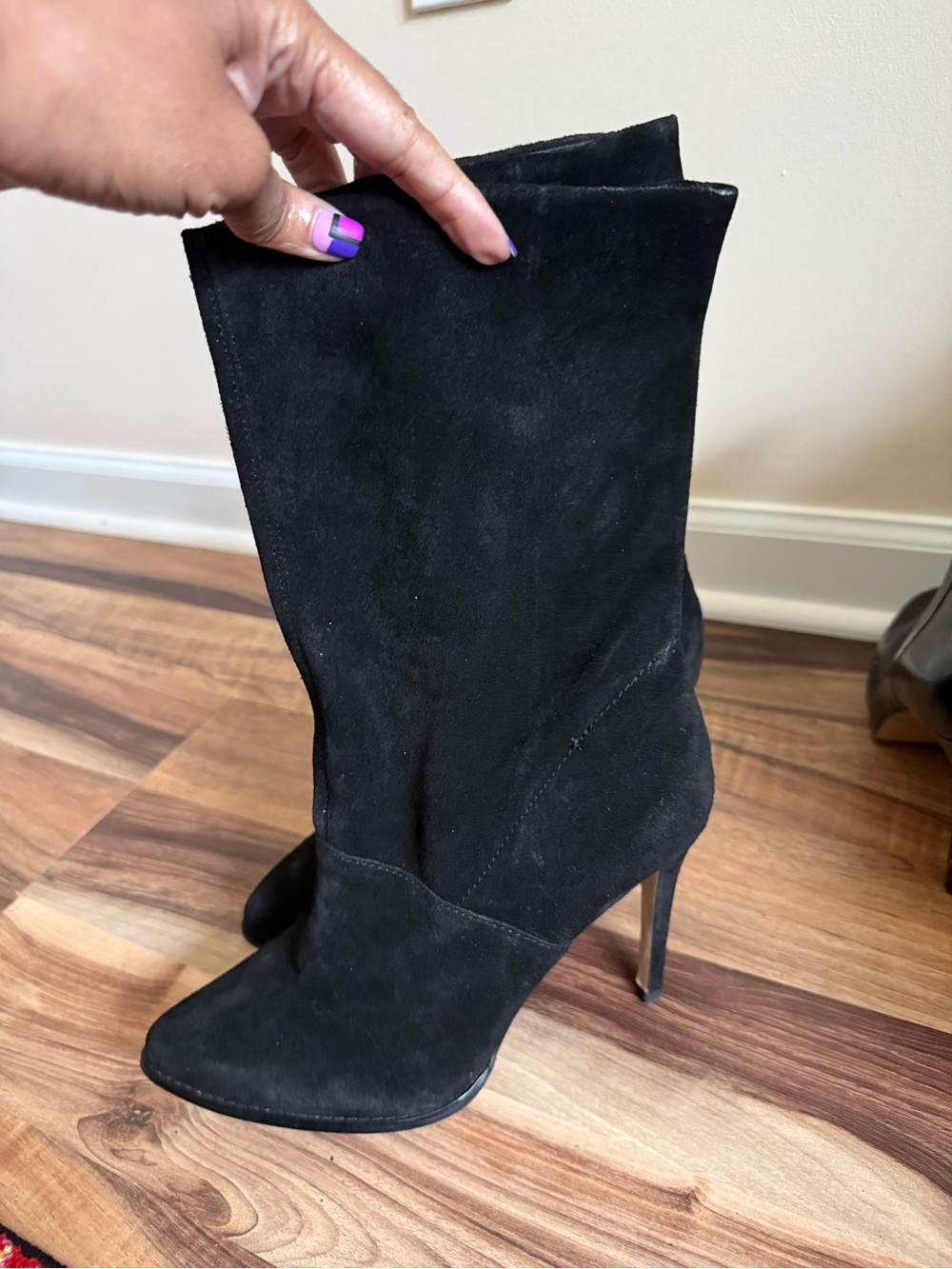 BCBG Black Suede High-Heel Mid-Calf Boots